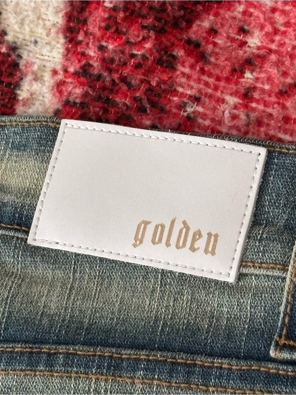 Los Angeles Golden Denim GOLDEN VENUS Flare Distressed Red Letters Jeans Sz: 42 - Picture 11 of 12